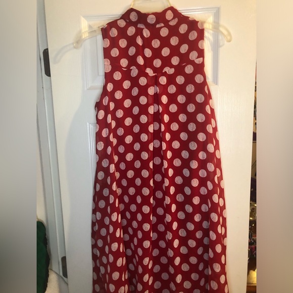 red casual button up dress with white polka dots and collared neck - Picture 2 of 2
